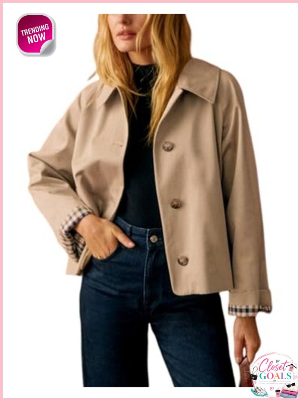 Women's Oversized Trench Coat Plaid Lining Button Down Crop Jacket with